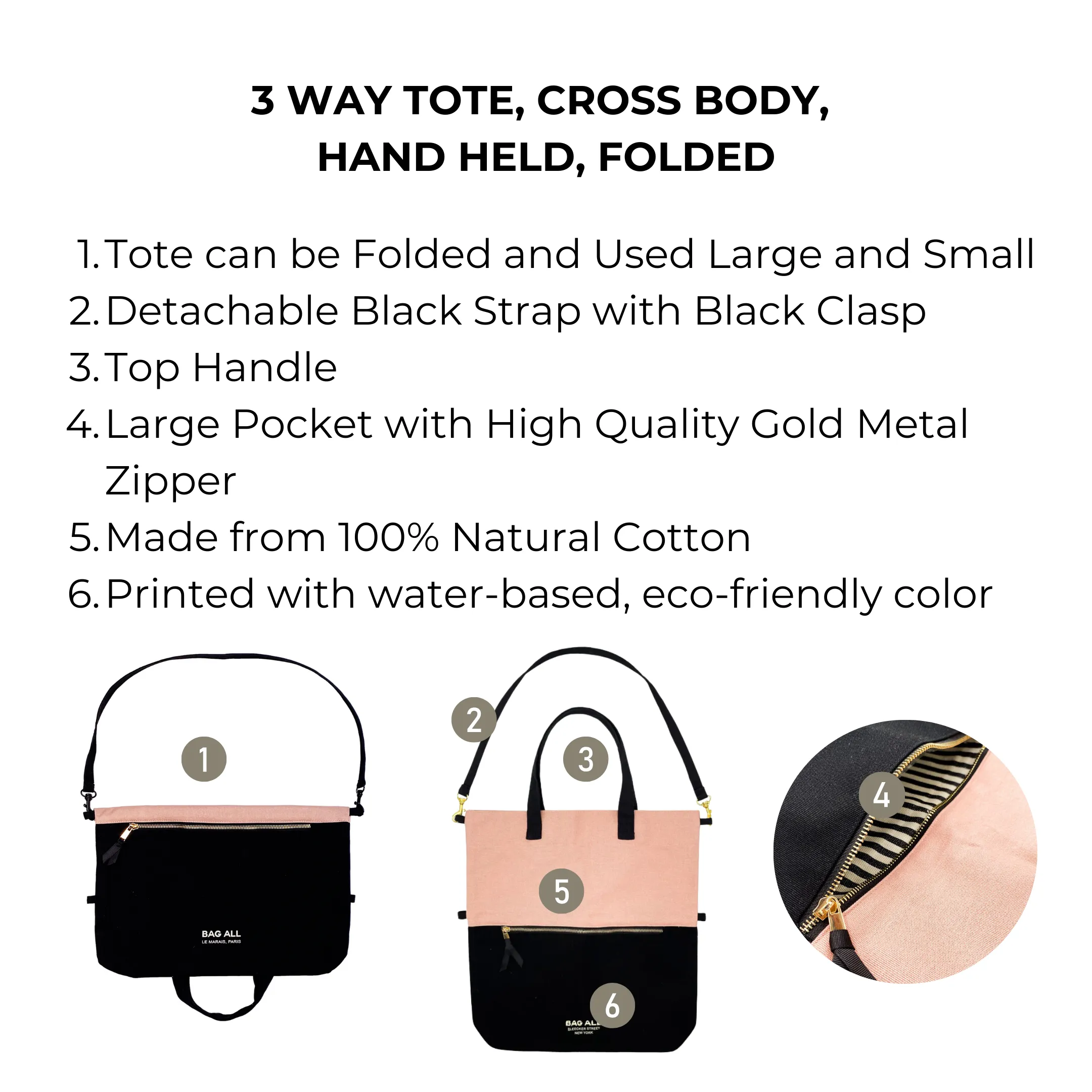 3 Way Tote, Cross body, Hand held, Folded, Pink/Black, Paris