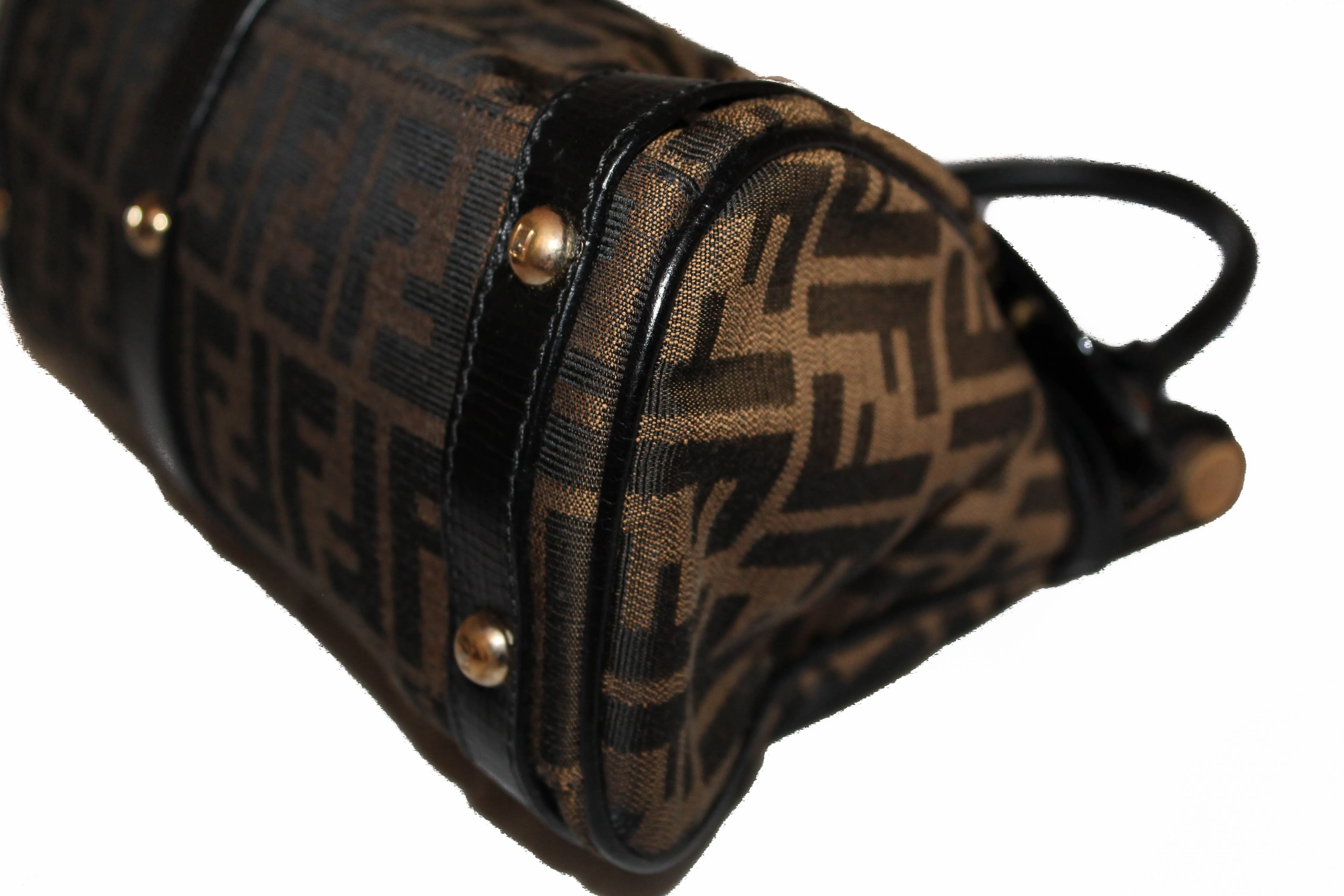 Authentic Fendi FF Zucca Canvas Small Top Leather Hand Bag