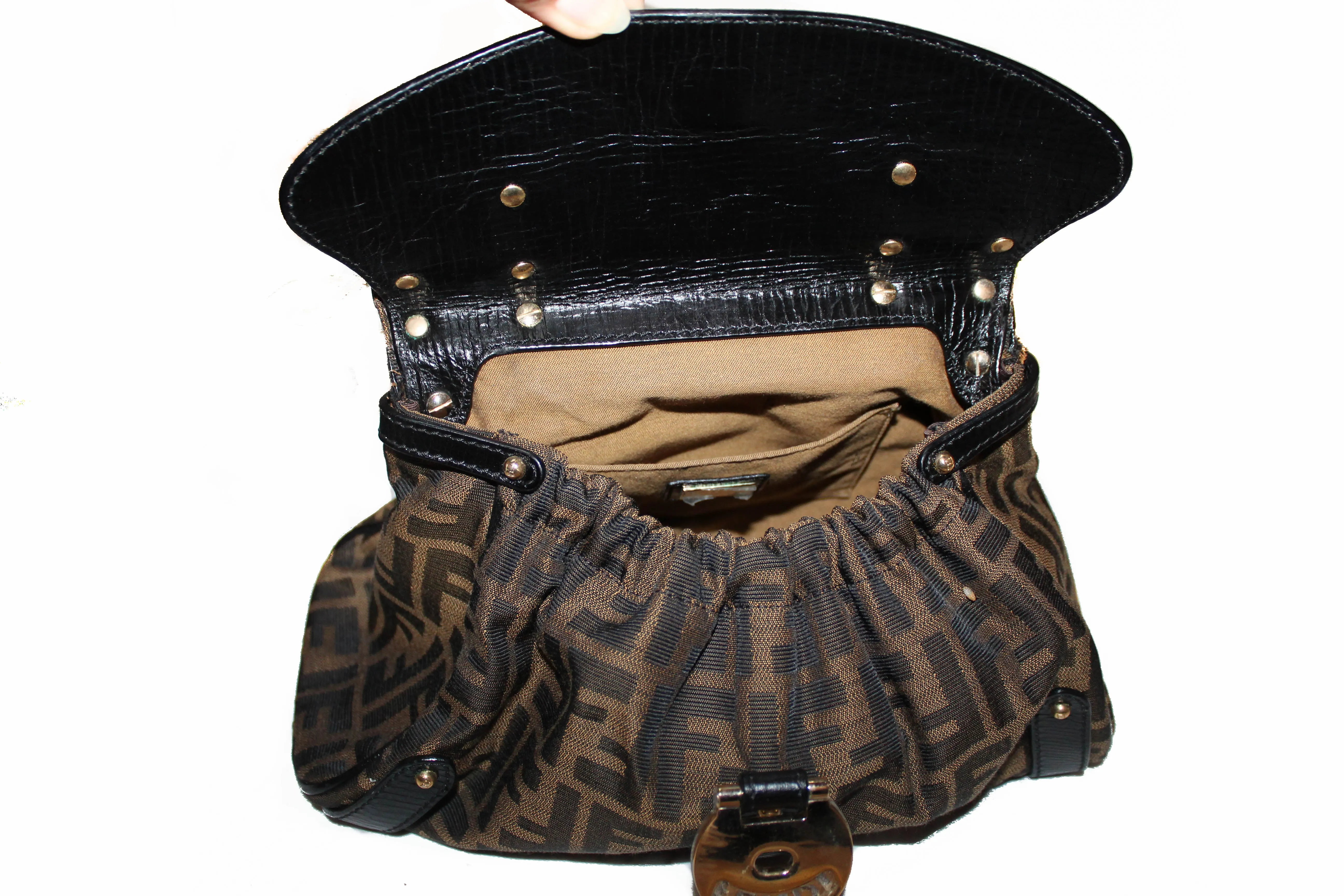 Authentic Fendi FF Zucca Canvas Small Top Leather Hand Bag