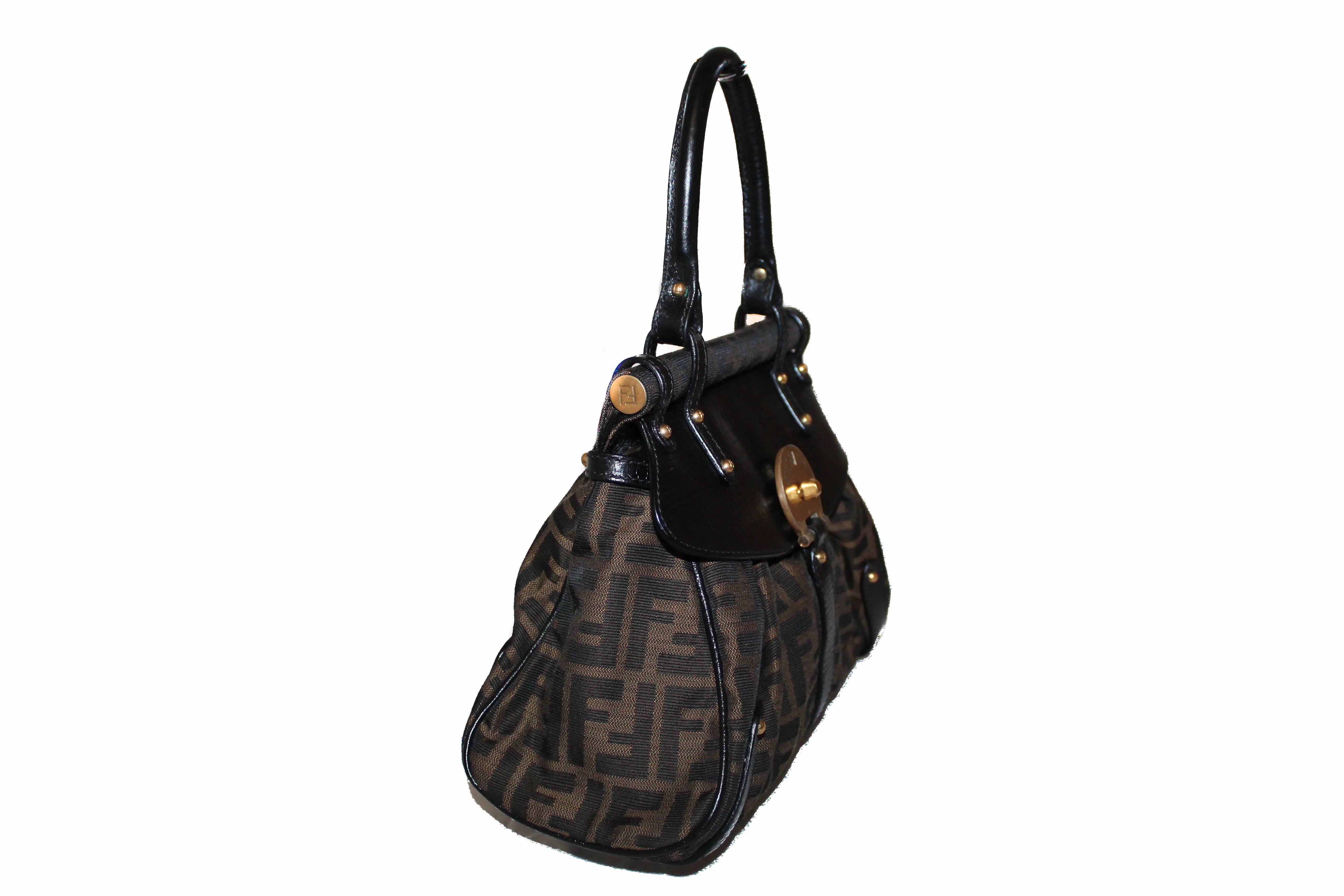 Authentic Fendi FF Zucca Canvas Small Top Leather Hand Bag
