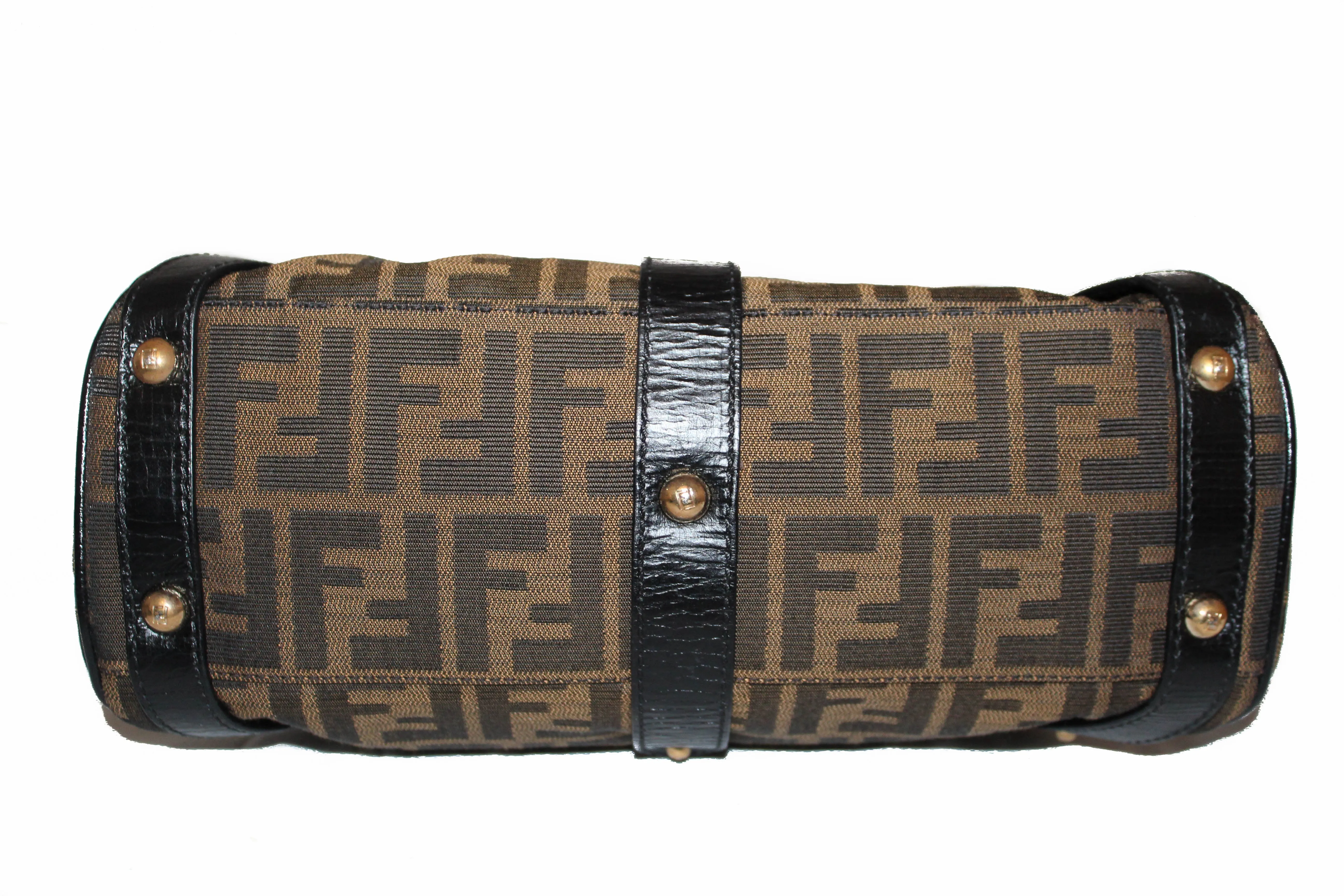 Authentic Fendi FF Zucca Canvas Small Top Leather Hand Bag