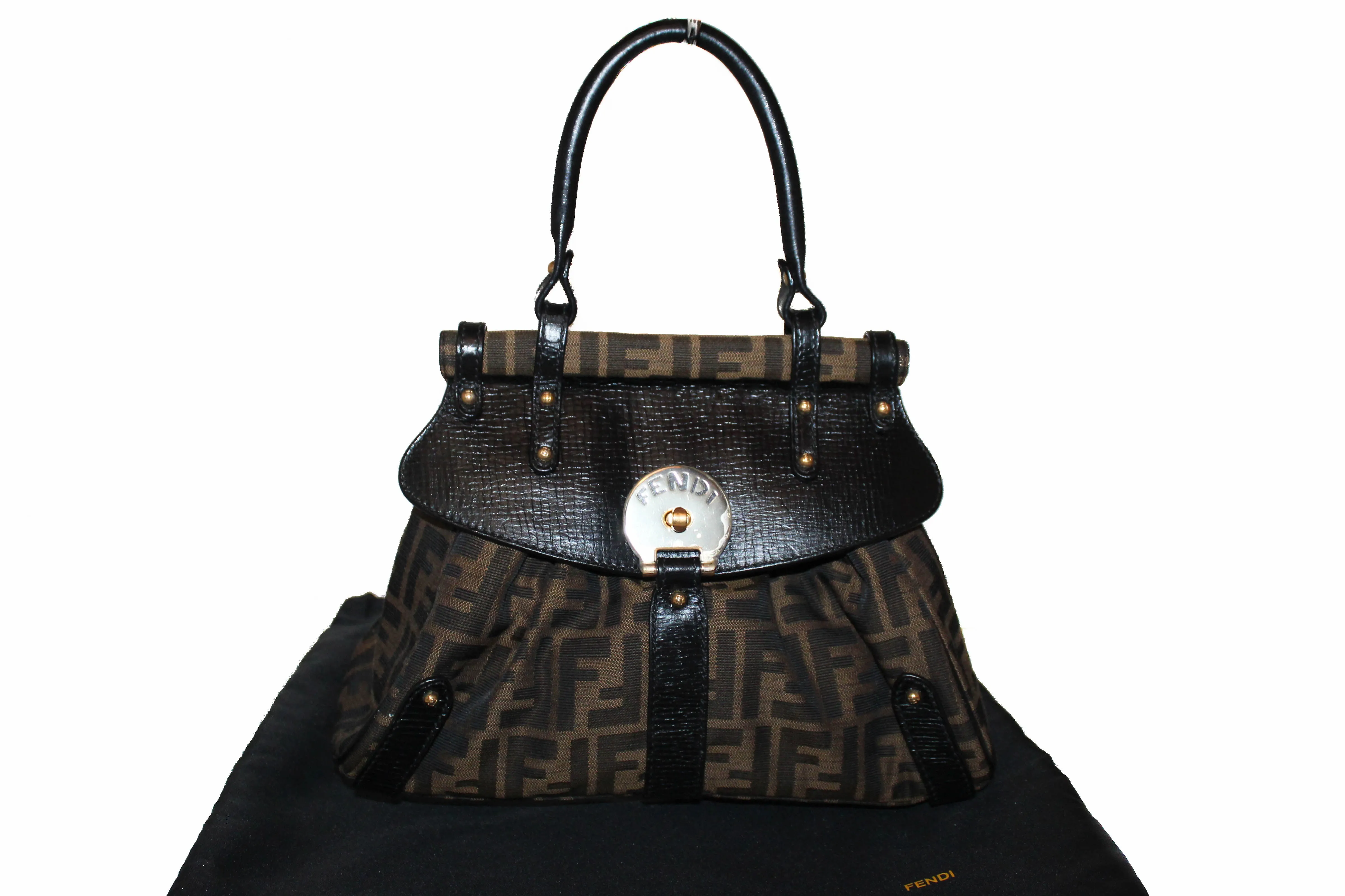Authentic Fendi FF Zucca Canvas Small Top Leather Hand Bag