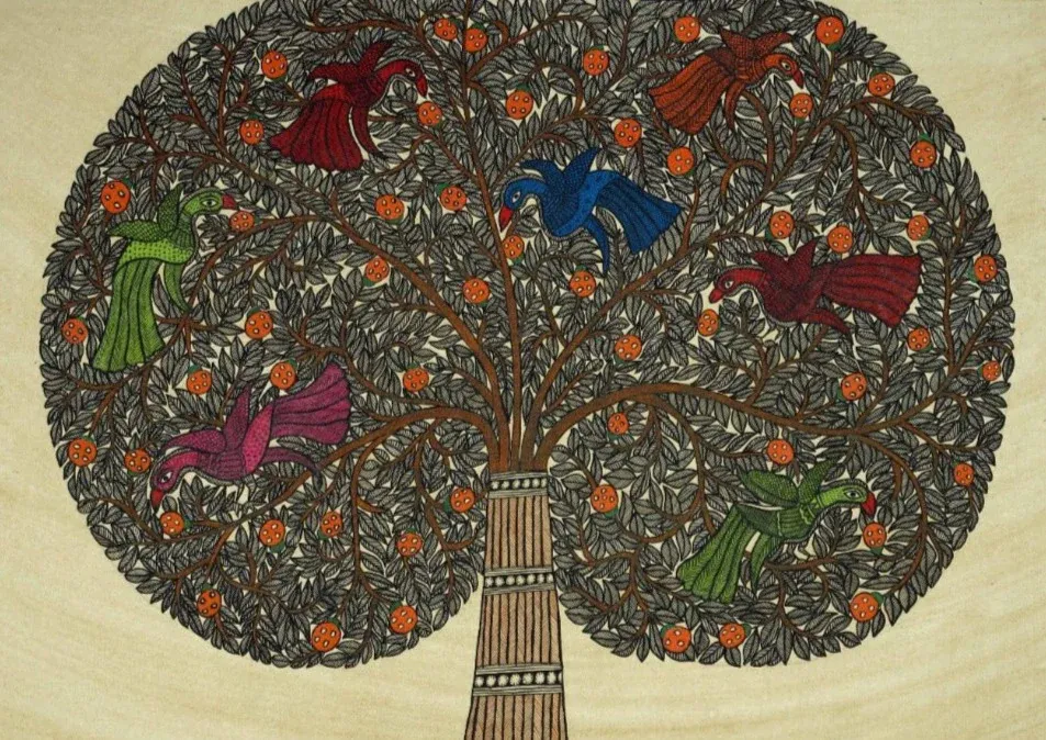 Birds in the Tree Madhubani Painting by Ambika Devi