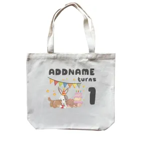 Birthday Friendly Animals Rabbit Bear And Dog Party Eating Cake Addname Turns 1 Canvas Bag