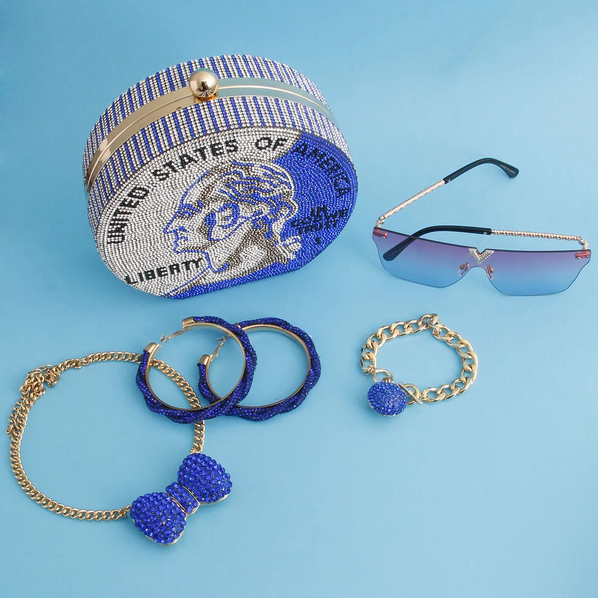 Blue Bling US Coin Luxury Clutch