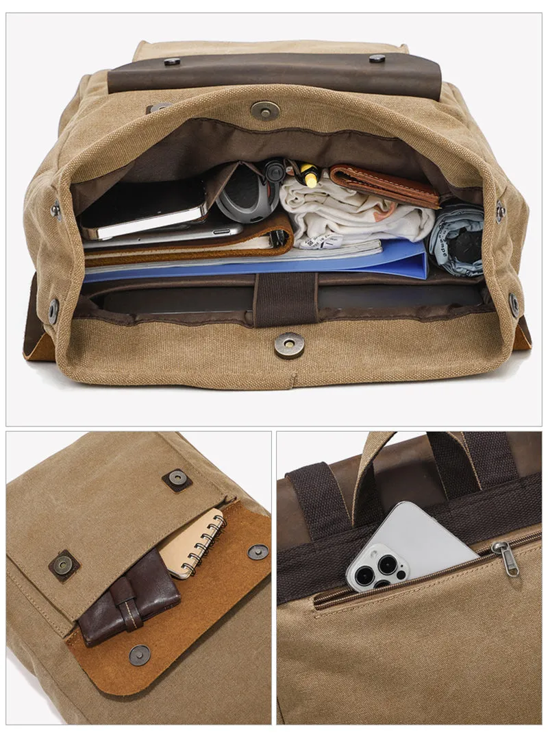 Canvas And Leather Backpack Vintage Waxed Canvas Travel Backpack Waterproof Flap Cover Canvas Laptop Backpack Camera Backpack
