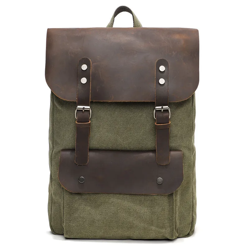 Canvas And Leather Backpack Vintage Waxed Canvas Travel Backpack Waterproof Flap Cover Canvas Laptop Backpack Camera Backpack