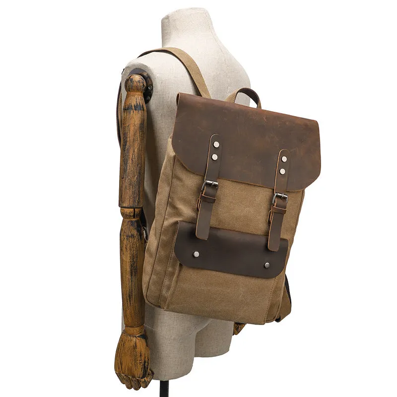 Canvas And Leather Backpack Vintage Waxed Canvas Travel Backpack Waterproof Flap Cover Canvas Laptop Backpack Camera Backpack