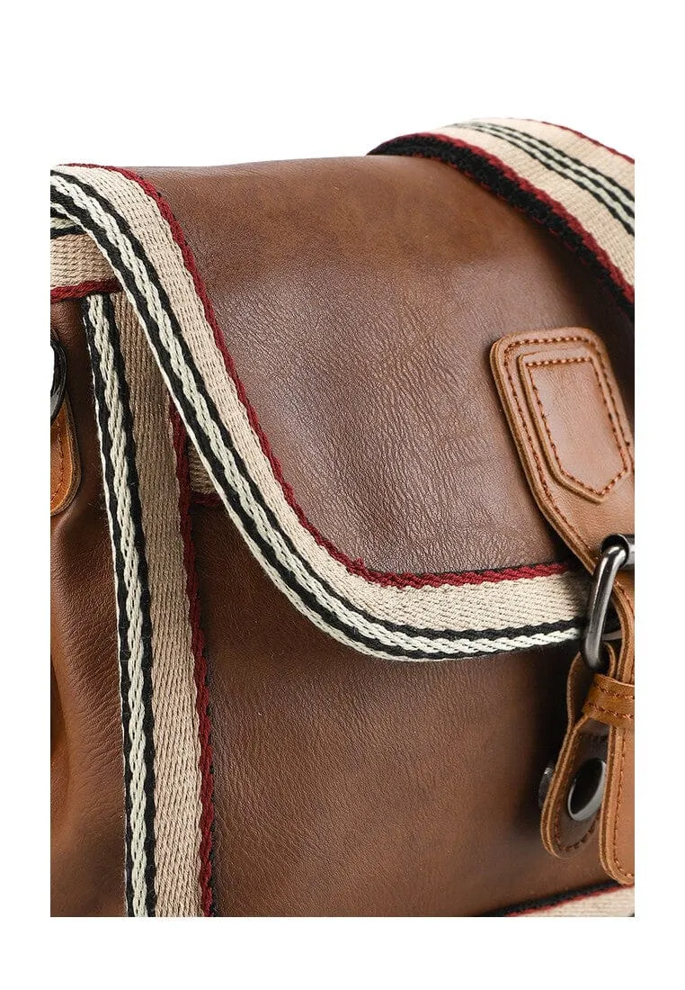 Distressed Leather Buckle Trim Crossbody Bag - Camel