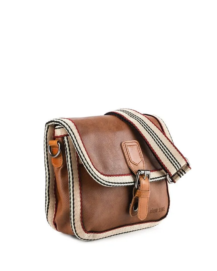 Distressed Leather Buckle Trim Crossbody Bag - Camel