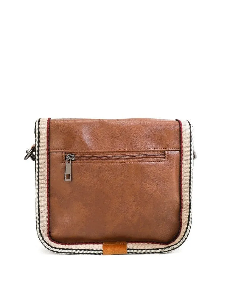Distressed Leather Buckle Trim Crossbody Bag - Camel