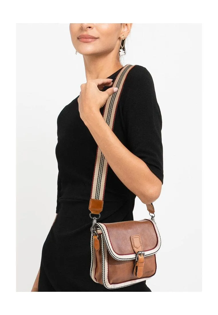 Distressed Leather Buckle Trim Crossbody Bag - Camel