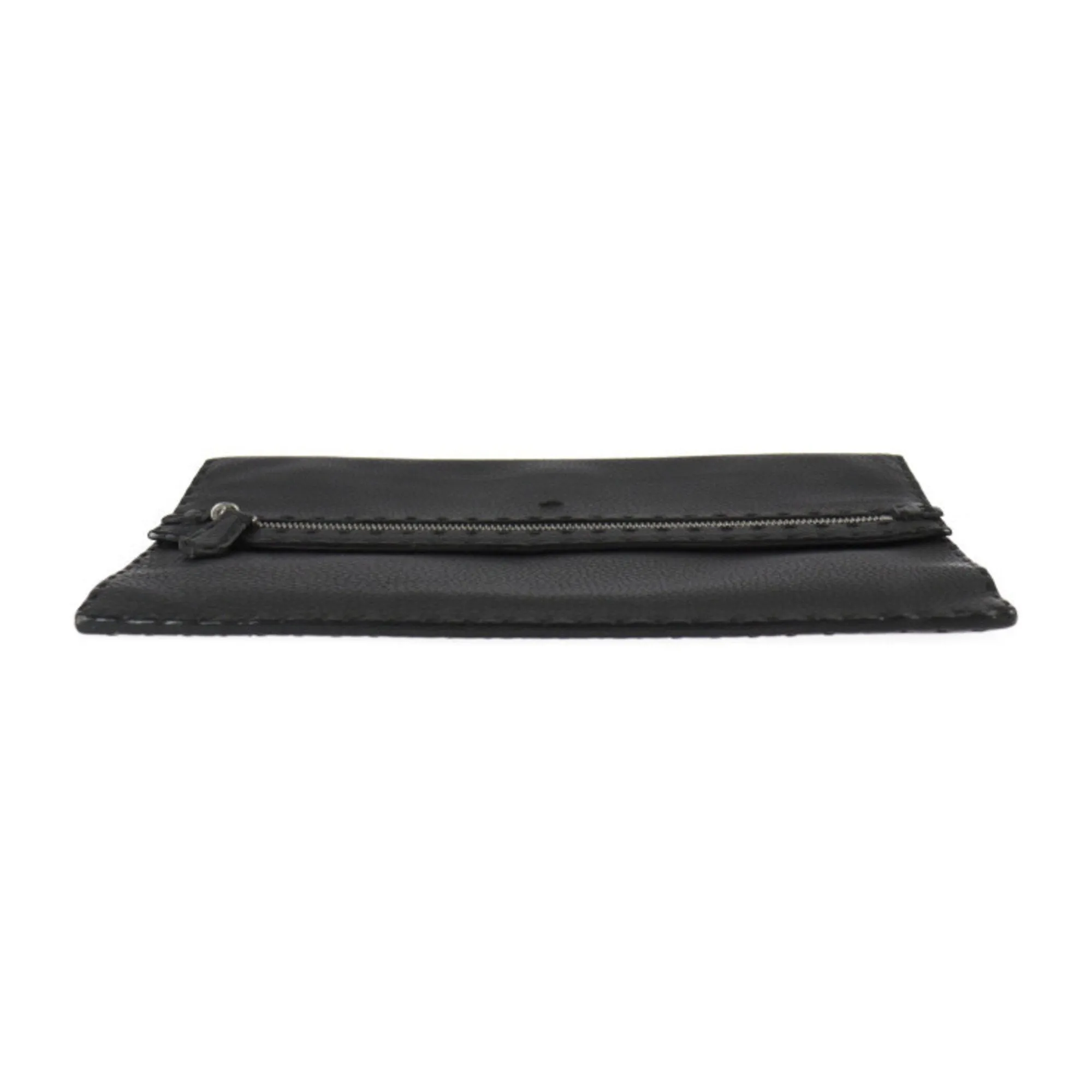 FENDI Selleria Clutch Bag 7VA376 Roman Leather Black Silver Hardware Wristlet Second Pouch