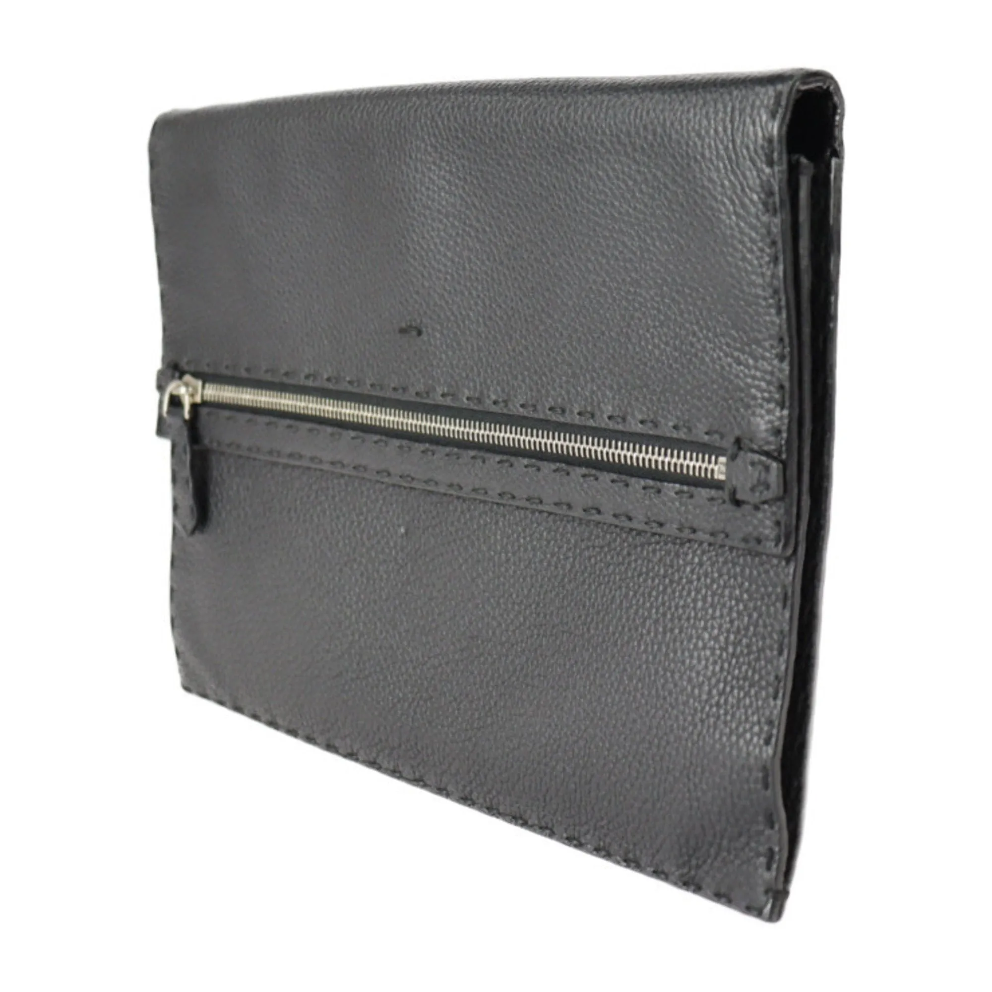 FENDI Selleria Clutch Bag 7VA376 Roman Leather Black Silver Hardware Wristlet Second Pouch