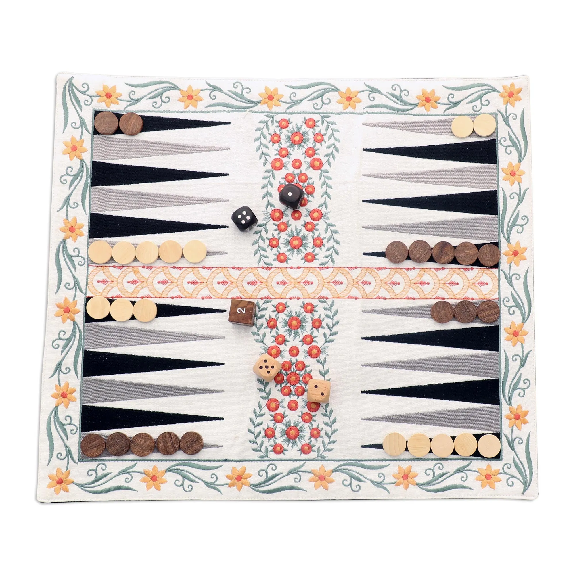 Floral Embroidered Travelers Backgammon Game - Ganga Garden in Yellow
