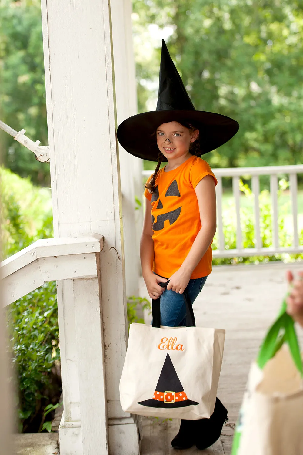 Halloween Trick or Treat Canvas Tote Bag with Witch Hat
