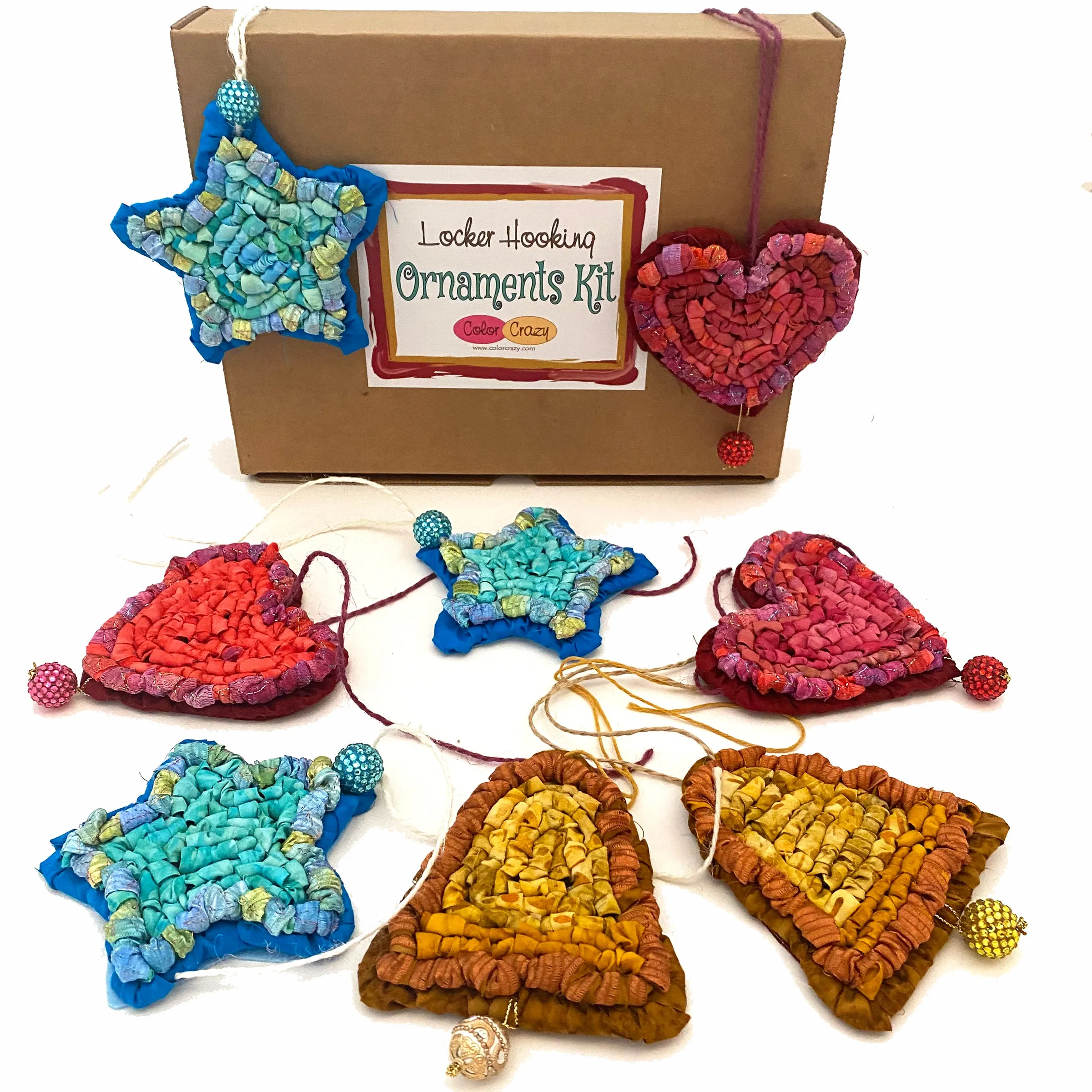 Holiday Ornaments Locker Hooking Kit - Hearts, Stars, Bells