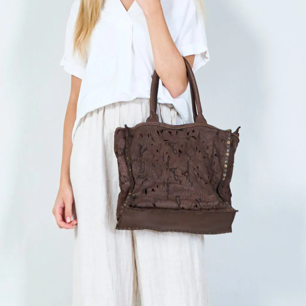 Laser-cut floral leather tote bag wholesale
