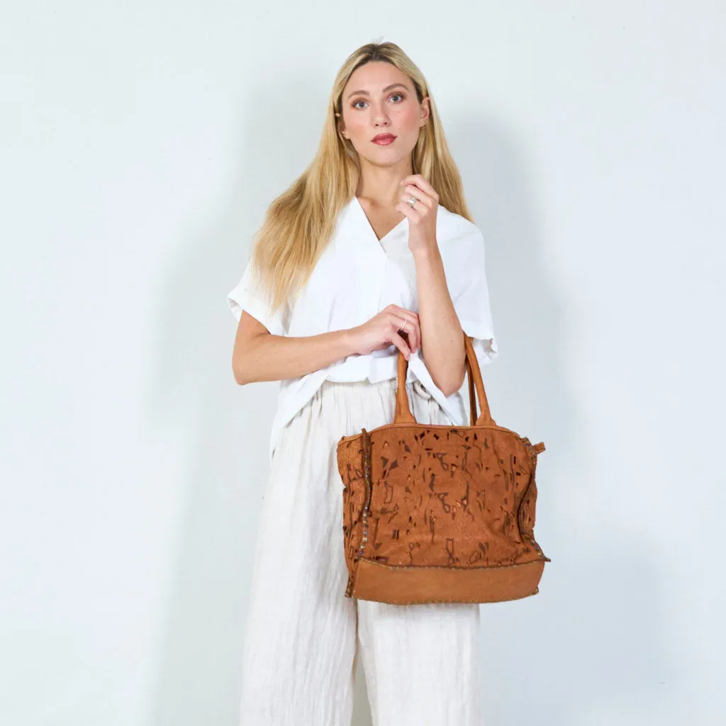 Laser-cut floral leather tote bag wholesale