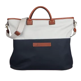Navy Grey Cotton Canvas Leather Travel Tote