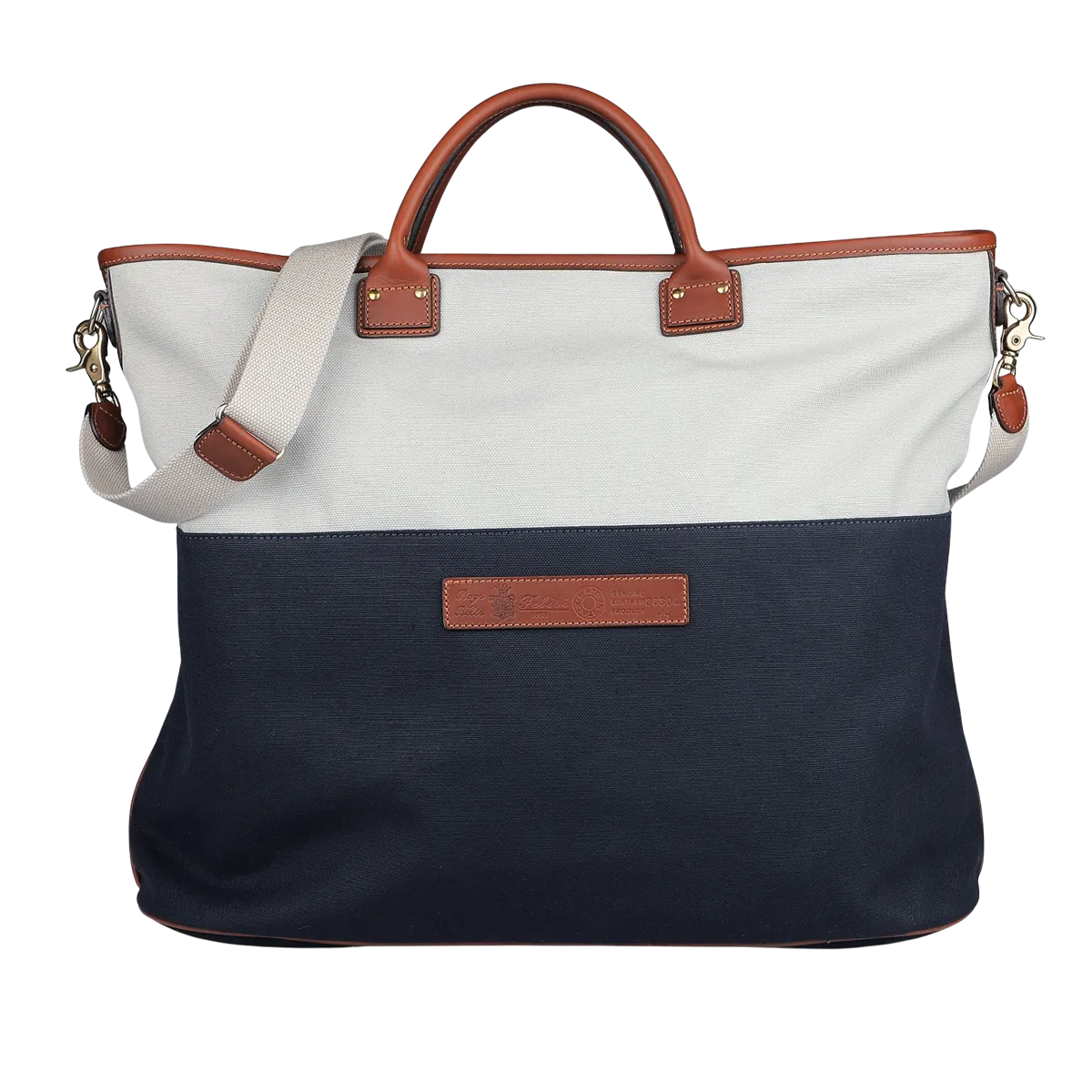 Navy Grey Cotton Canvas Leather Travel Tote