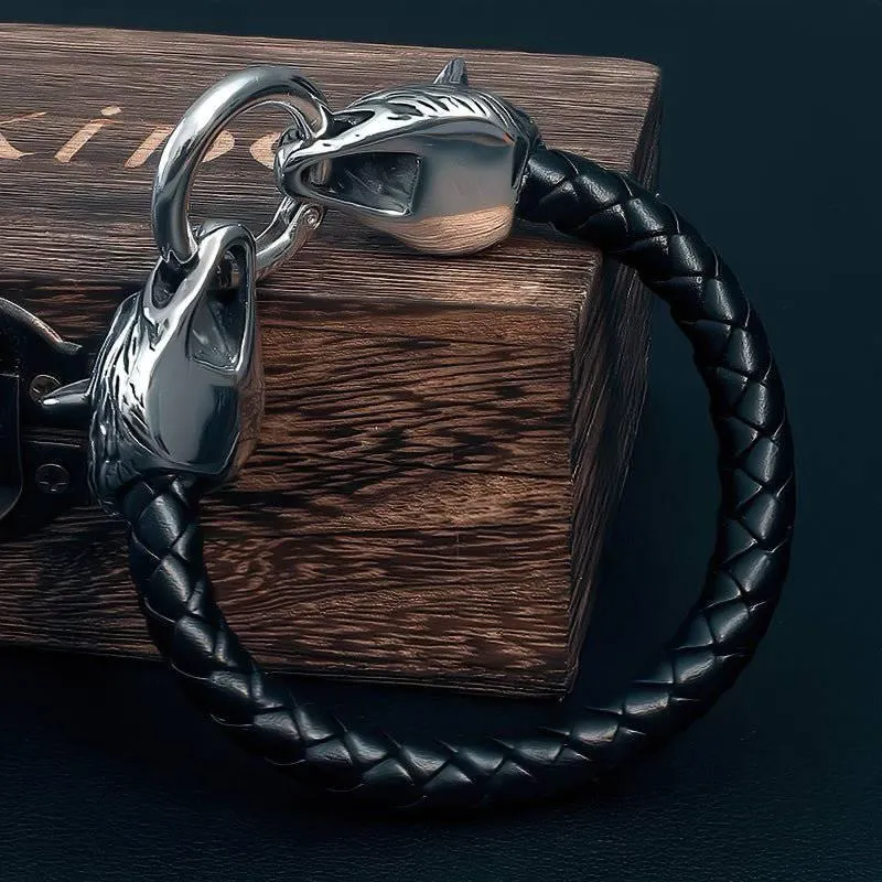 Odin's Wolves Leather Bracelet - Stainless Steel