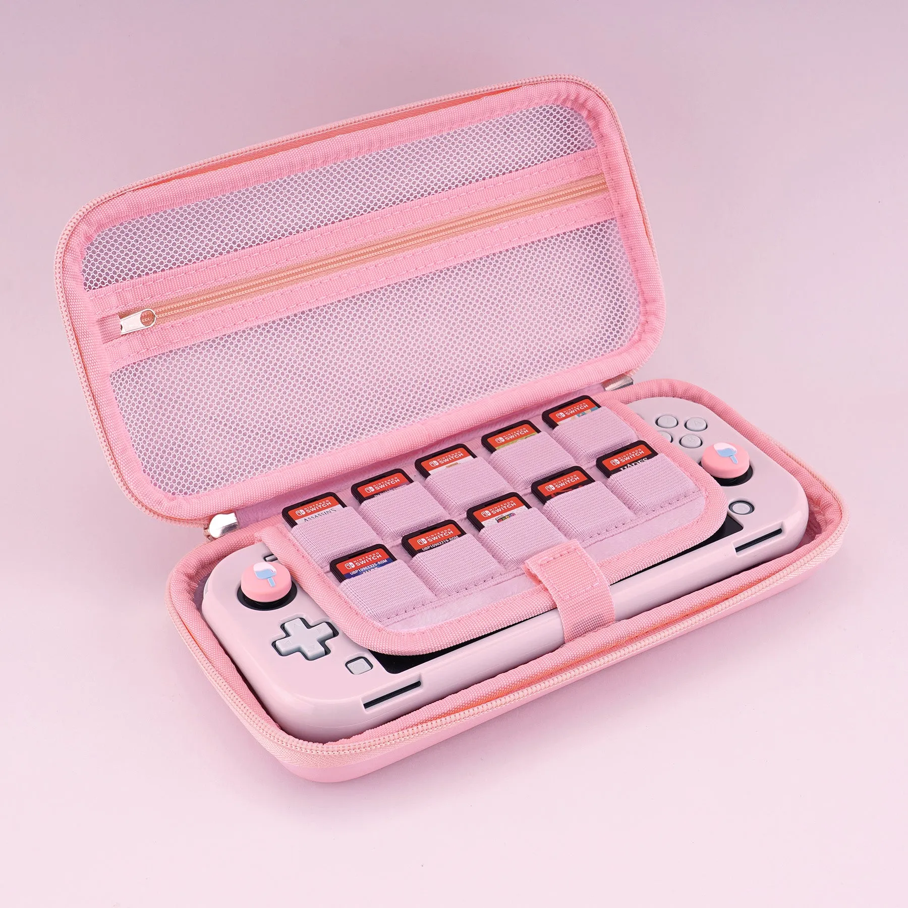 PlayVital Pink Switch Lite Travel Carrying Case, Portable Pouch, Soft Velvet Lining Storage Bag for NS Switch Lite with Thumb Grips 8 Game Cards Slots Inner Pocket - Kitten & Chicken - LTW002