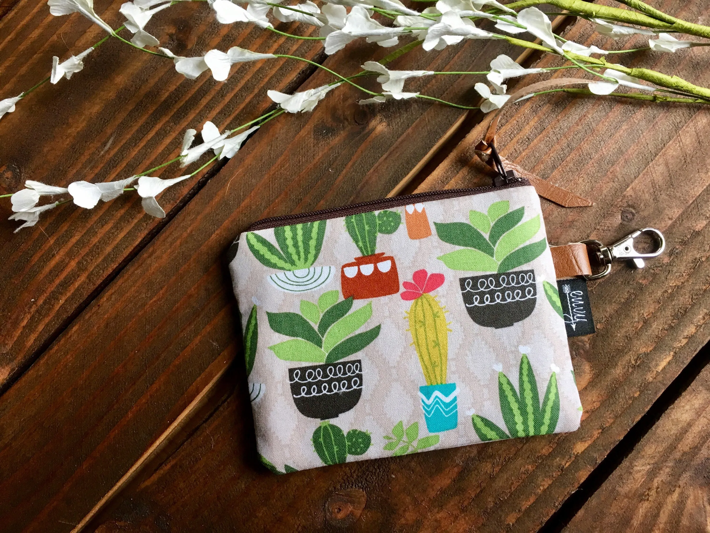SALE - Cactus and Succulents with Vegan Leather and Key Clip - Zippered Clutch /  Coin Pouch / Change Purse
