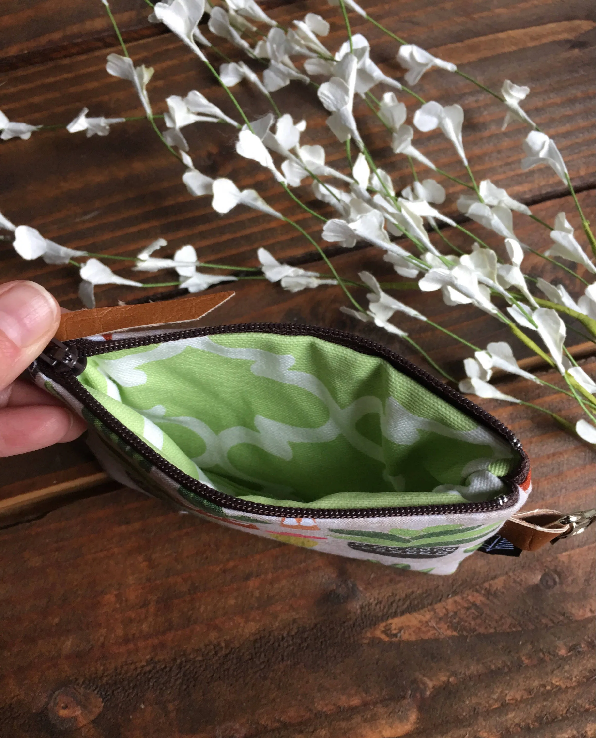 SALE - Cactus and Succulents with Vegan Leather and Key Clip - Zippered Clutch /  Coin Pouch / Change Purse