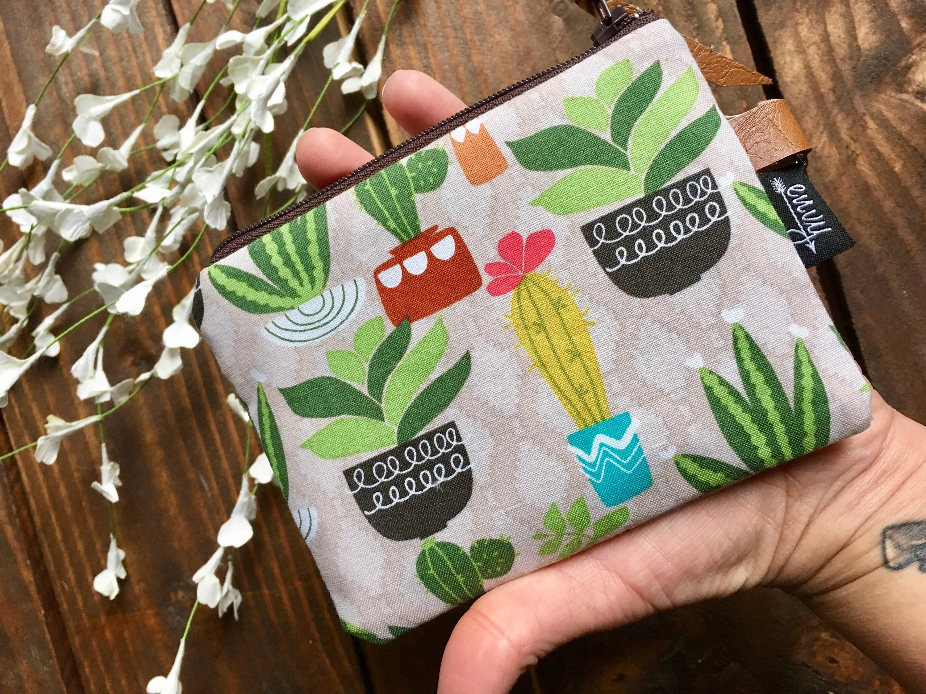 SALE - Cactus and Succulents with Vegan Leather and Key Clip - Zippered Clutch /  Coin Pouch / Change Purse