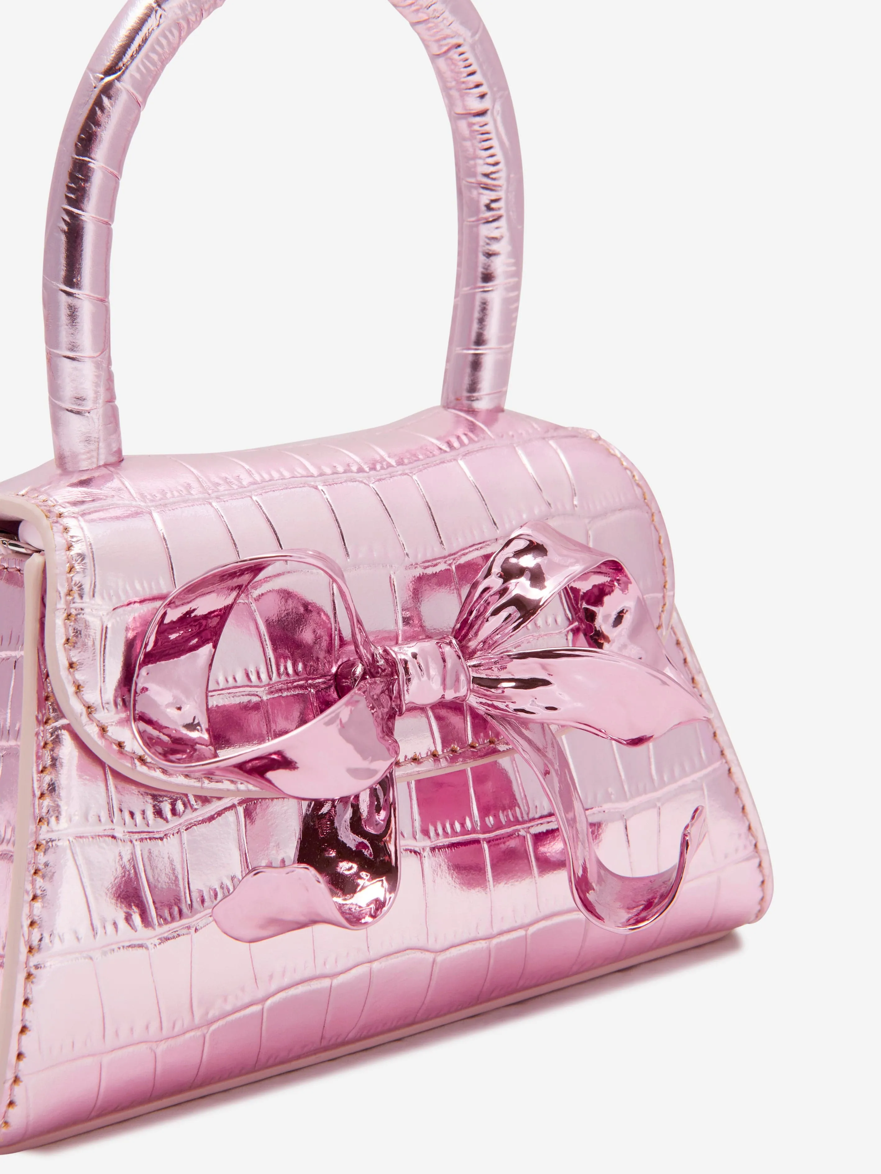 Self Portrait Girls Metallic Croc Micro Bow Bag in Pink
