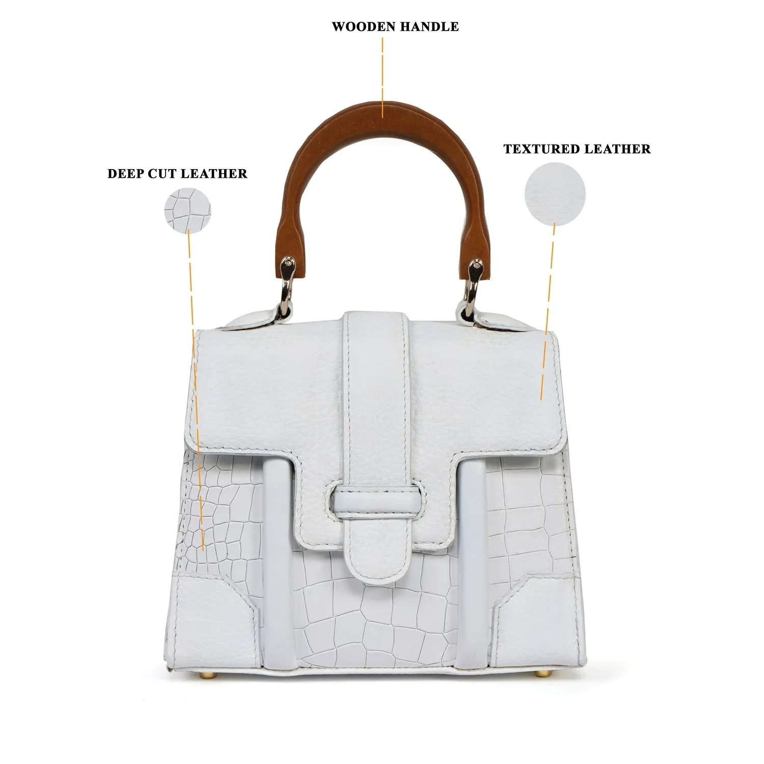 Small White Genuine Leather Handbag with Wooden Handle - Stylish Croc Texture Design