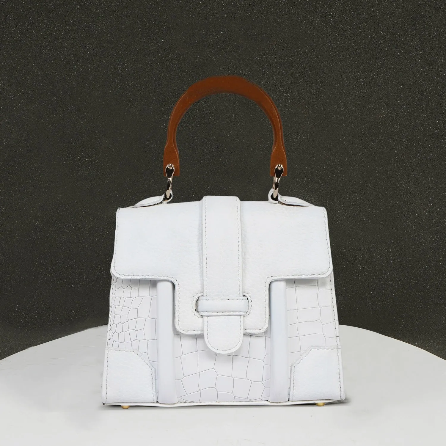 Small White Genuine Leather Handbag with Wooden Handle - Stylish Croc Texture Design