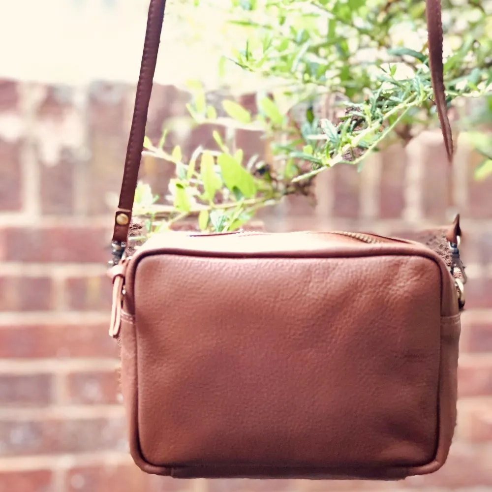 Sugar Almond Pebbled Leather Camera Bag Tan