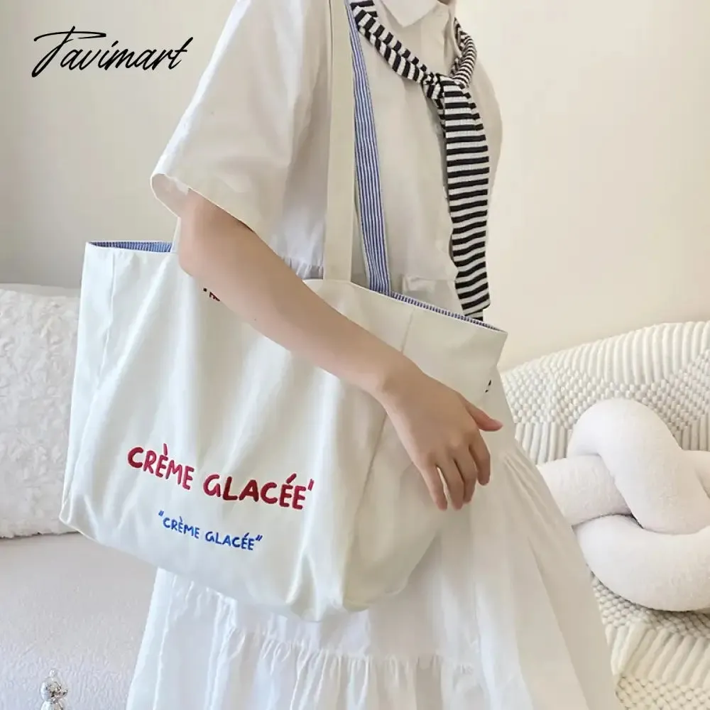 Tavimart Stripe Double Sided Use Shoulder Bag Cotton Canvas Shopping Bags New Simple Letter Student Women Girls Tote Handbag