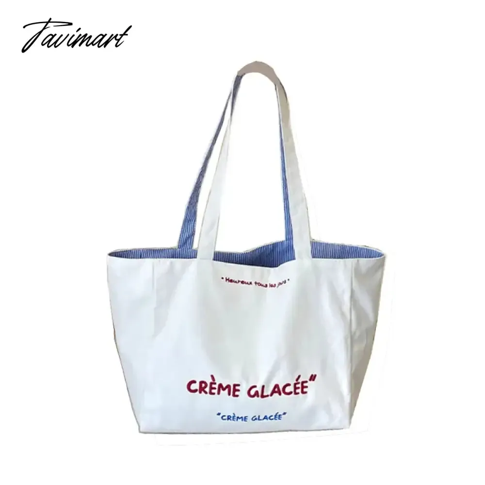 Tavimart Stripe Double Sided Use Shoulder Bag Cotton Canvas Shopping Bags New Simple Letter Student Women Girls Tote Handbag