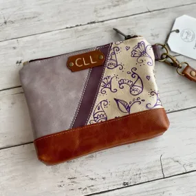 Wristlet in Patchwork Morning Mist, Handpainted Floral, Pearl, Cognac